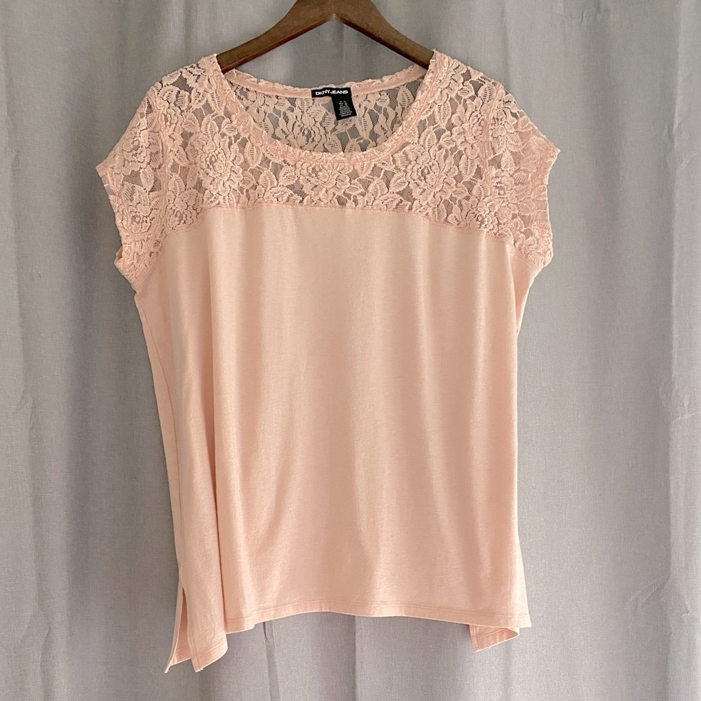 DKNY Lace Mixed Media Tshirt XL Light Pink NWOT